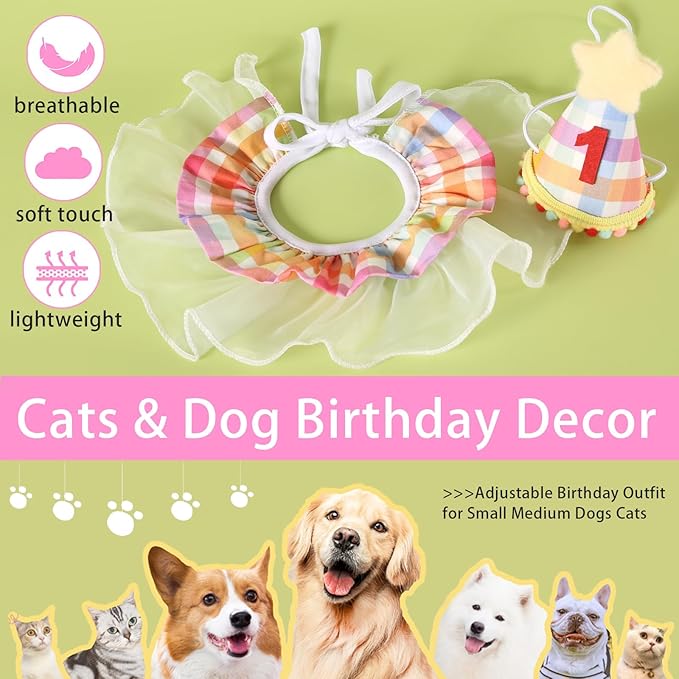 Cat Birthday Decorations- Pet Cat Dog Birthday Hat with Number Kitten Puppy Princess Costume Outfit Cute Lace Bandana Scarf Party Apparel for Small Medium Cats & Dogs