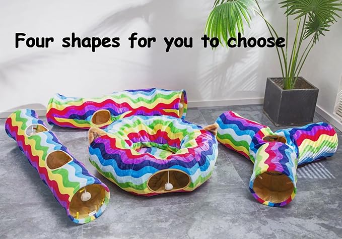 Large Cat Tunnel Bed Under Christmas Tree with Fluffy Toy Balls, Small Cushion and Flexible Design- 10 inch Diameter, 3 ft Length- Great for Cats, and Small Dogs, Rainbow Wave Color
