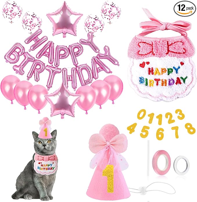Birthday Hat for Cat with Bandana, Cute Kitten Outfit and Celebration Accessories, Cat Birthday Party Supplies (Pink)