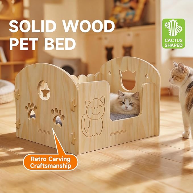 Solid Wooden Semi-Enclosed Cat Bed with Cartoon Carving Craft, Space-Saving for Small Apartments, Studios & Rental Homes, Modern Nordic Cat Furniture for Indoor Cats & Kittens