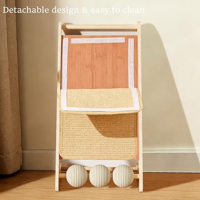 Sisal Cat Scratching Board, 23" Scratching Ramp for Indoor Kitty, L-Shaped Wooden Cat Furniture with Hanging Ball, Multi-Functional Cat Toy, Meets Scratching, Tapping & Pouncing Needs