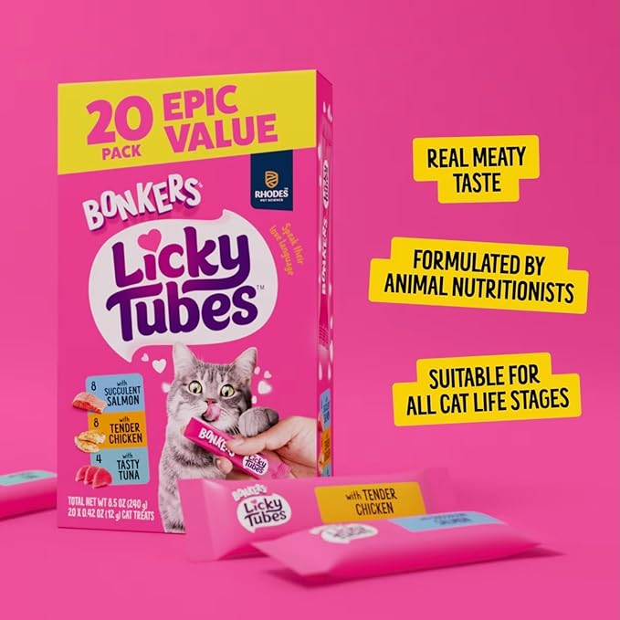 Bonkers Licky Tubes Chicken,Tuna and Salmon Flavored Lickable Cat Treats, 20 Count (8 Chicken, 4 Tuna, 8 Salmon) with Cat Spring Toys Bundle Pack