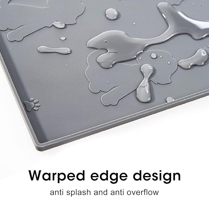 Dog Feeding Mat, Waterproofed Cat Food Mats, Anti Slip Silicone Cat Dog Food Mat for Messy Drinkers to Protect Floors (Gray)