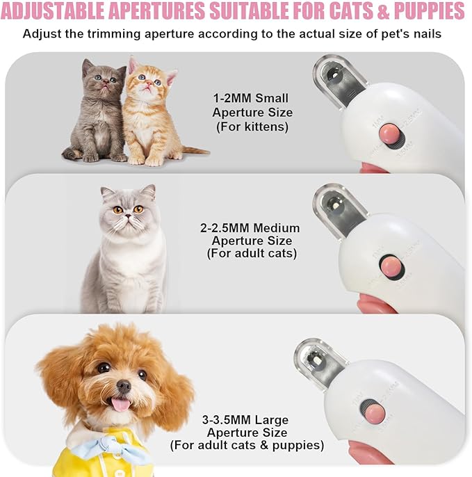 Professional Cat Nail Clipper and Trimmer with 3 Adjustable Safety Levels (1-3.5mm), Kitten Supplies, Puppy Grooming Tools, with Debris Catcher & Hidden Nail File Pink