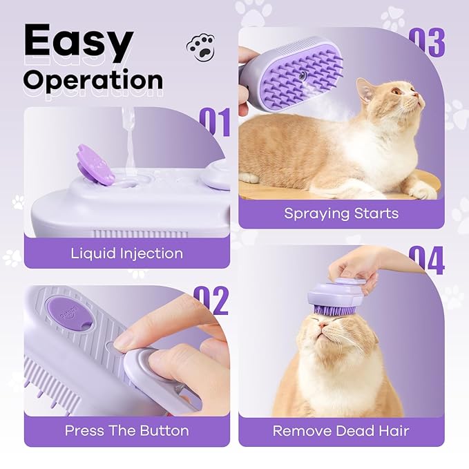 Cat Steam Brush for Shedding, 4 in 1 Rechargeable Steam Brush for Cats and Dogs, Anti-Static, Massage, Cleaning, Shedding & Combing All In One!