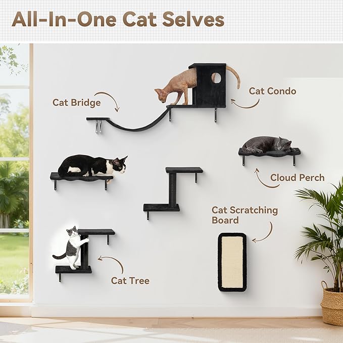 Meecal 6-in-1 Cat Wall Shelves, Wall-Mounted Cat Furniture for Indoor Kittens, Modern Floating Shelves with Scratching Posts, Bed, Perch, Bridge, Condo, Steps and Scratcher, Space-Saving Gym, Black