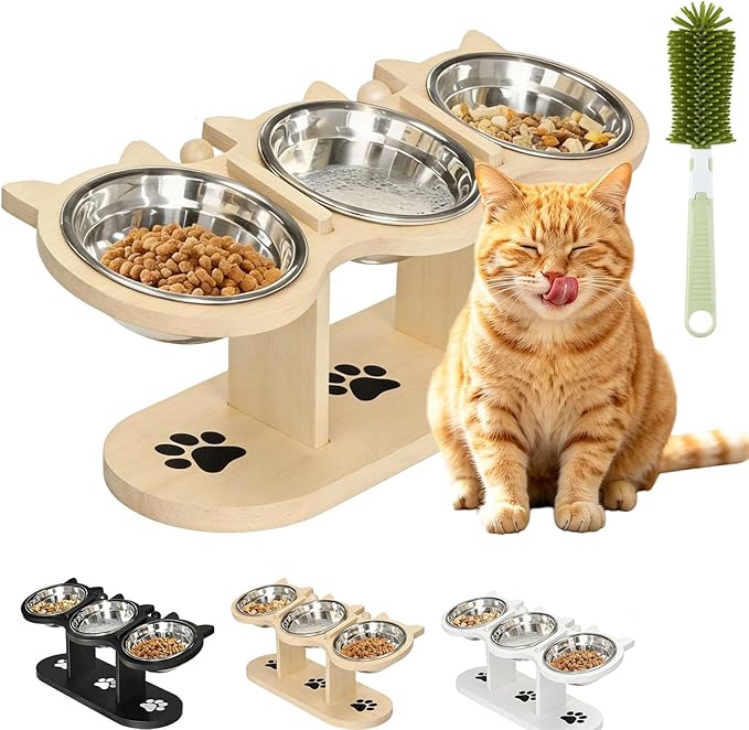 2026 New Anti-Slip Elevated 3-Bowl Pet Feeder, Cat Bowls With Stand Tilted, Stainlesssteel Cat Feeding Station, Ergonomic Elevated Cats Bowls With Wooden Base, Pet Feeding Station For Food & Water (F)