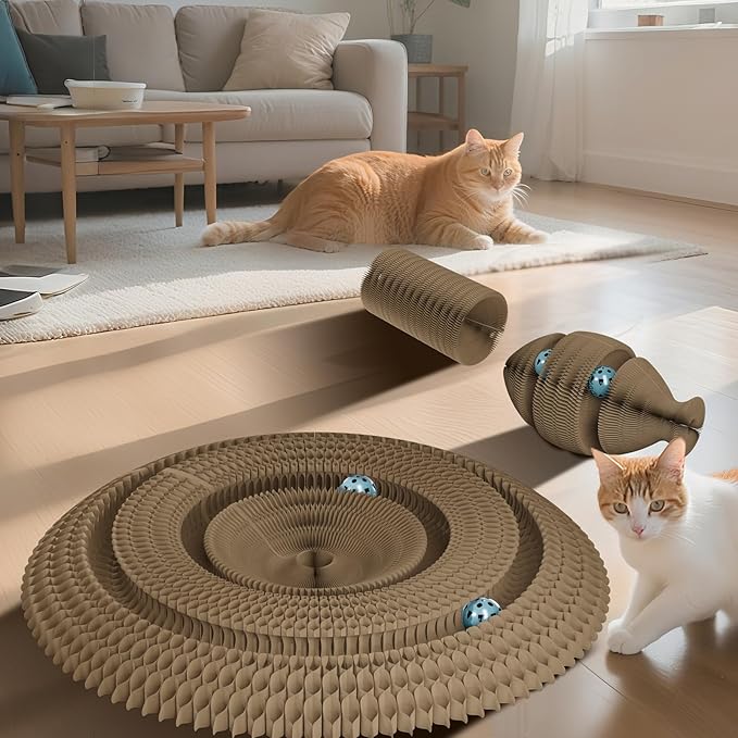 Kitty Curls Magic Organ Cat Scratching Board with 2 Bell Ball,Foldable Accordion Kitty Cat Scratcher,Corrugated Cardboard Scratching Pad,Blue Big Fish