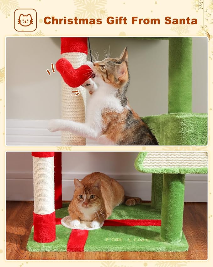 MUTTROS Cat Christmas Tree for Indoor Cats – 56.3“ Cat Proof Christmas Tree Tower with Large Hammock, 3 Scratching Posts & 3 Christmas Toy Balls – Holiday Cat Tree with Festive Decor, Christmas Red