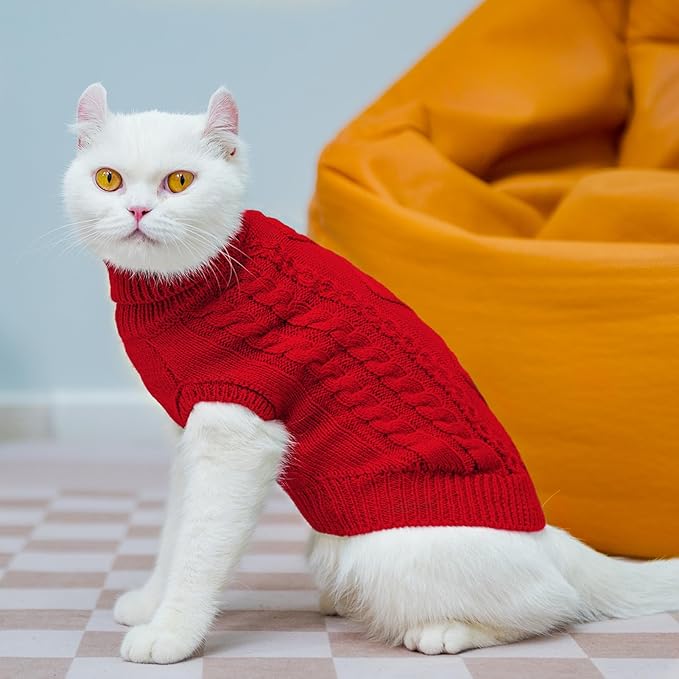 PUPTECK Winter Cat Sweater Coat - Soft Warm Cold Weather Clothes Knitwear for Kittens & Small Dogs Indoor Outdoor Wearing, Knitted Classic for Doggies Kitties, Red, L