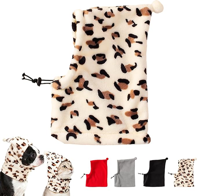 Pet Neck Warmer with Hat, Leopard Print, Adjustable Drawstring, Soft Polyester, for Dogs and Cats (Leopard Print, Medium)