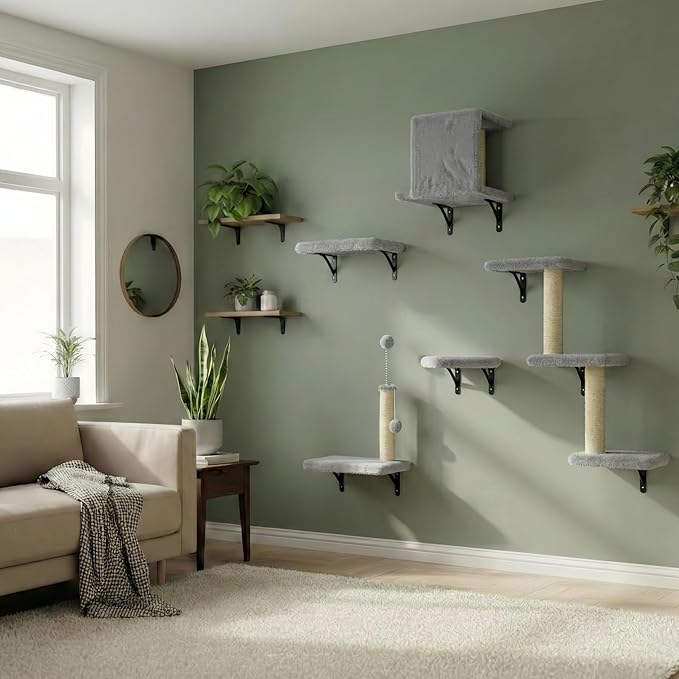 Cat Wall Shelves for Large Cats, Stable & Safe Kitty Walls Furniture Set for 40LBS Cats with Wooden Cat Climber,House, Bridge, Tree, Steps, and Scratcher for 16 Inch Drywall (Grey, 6-in-1)