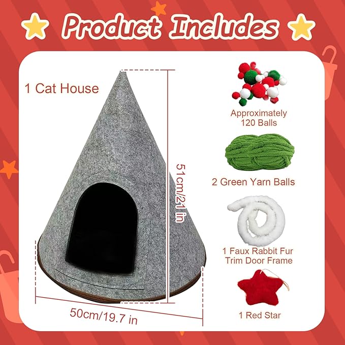 DIY Christmas Tree Cat Bed with Materials, Christmas Pet Tree House Package, DIY Felt Xmas Cave, Indoor Felt Nest for Cats and Kittens, Teepee Furniture Decorations for Family & Friends(A)