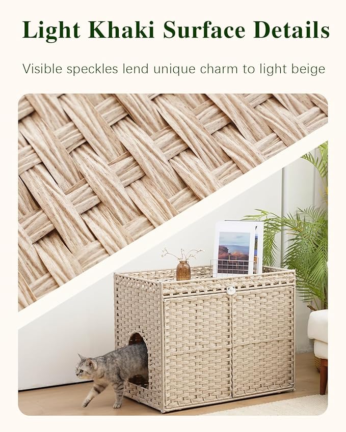 SETVSON Cat Litter Box Enclosure Furniture, Hidden Litter Box, Cat Litter Box Cabinet with 2 Litter Mats, Handwoven Rattan Large Space Cat House Indoor, Living Room, Bedroom, Apartment Light Khaki