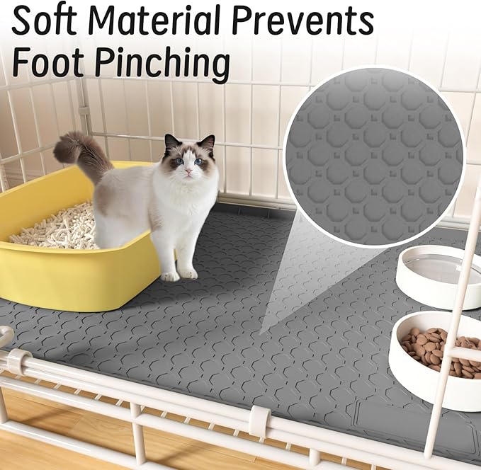 Silicone Large Cat Litter Mat 34" X 22", Cat Mat for Litter Box, Cats Litter Trapping Mats with Raised Edges, Non-Slip and Urine Waterproof Surface, Gray