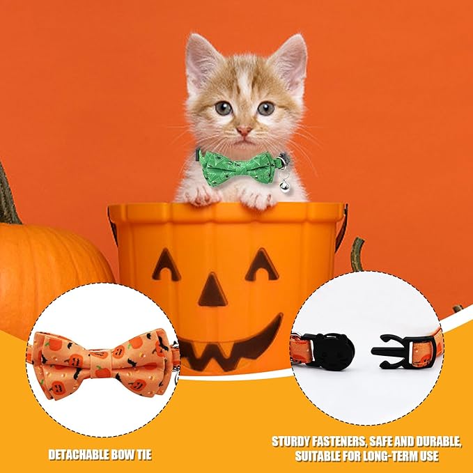 Halloween Cat Collar, Adjustable Kitten Halloween Collars with Bow Tie and Bell, Breakaway Kittens Collar for Girl Boy Cats Kittens (Green)