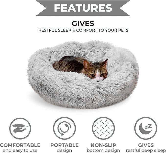 Whiskers & Friends Cat Beds for Indoor Cats, Fluffy Calming Donut Cat Bed, Small Dog Bed Washable - Orthopedic Soft Plush Pet Beds Sized for Kitten to Large Cats & Puppy to Small Dogs - Light Grey C