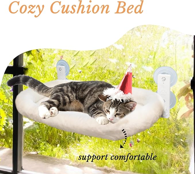 Extra Large Cat Window Hammock (23.8×11.8in) - Washable 2-Season Fabric Cover, 4 Strong Suction Cups, Solid Metal Frame - Foldable Cat Hammock for Large Cats/2 Cats, Cordless Design (White)