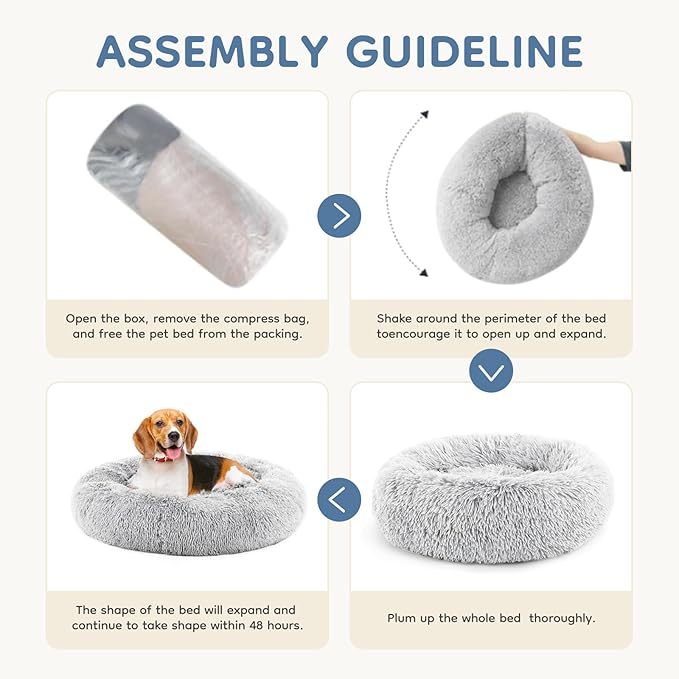 DUMOS 30.7x30.7 Inch Calming Donut Dog Beds for Large Dogs, Machine Washable Cuddler Warming Cozy Fluffy Faux Fur Plush Round Pet Bed, Anti-Slip Bed for Indoor Dogs and Cats, Grey