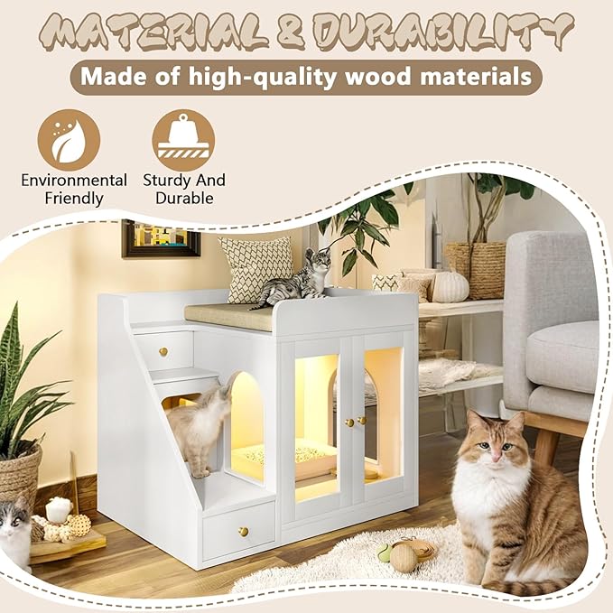 Cat Litter Box Enclosure with Light, Hidden Litter Box Furniture with 2 Storage Drawers & Smart Doors, Cat House Side Table for Living Room Entryway (White)