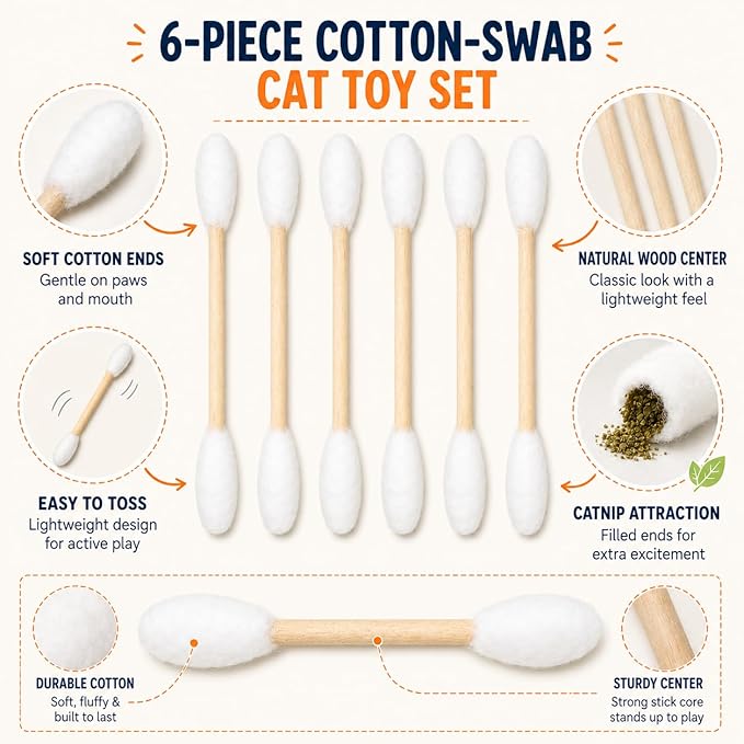 Cotton Swab Cat Toys with Catnip, 6 Pack Catnip Toys for Indoor Cats, Giant Kitty Kicker Plush Chew Sticks, Durable Felt Interactive Cat Toys for Kittens and Adult Cats (Beige)