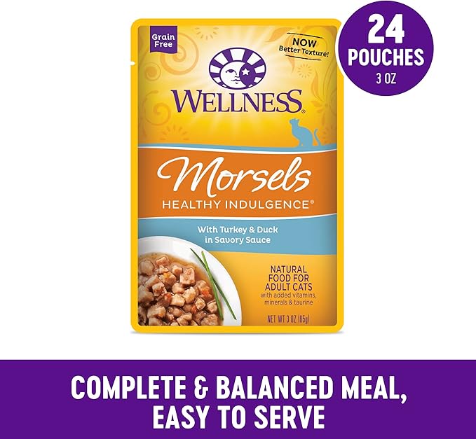 Wellness Healthy Indulgence Morsels Adult Wet Cat Food, Natural, Protein Rich, Grain Free, Turkey and Duck Recipe, 3 oz, Pack of 24 Pouches