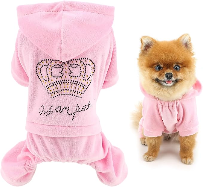 SMALLLEE_LUCKY_STORE Dog Hoodies for Small Dog Girls Rhinestone Crown Doggie Outfits Puppy Pajamas with Leash Hole Stretchy Soft Velvet Clothes 4 Legged Jumpsuit Pet Tracksuit Cat Apparel