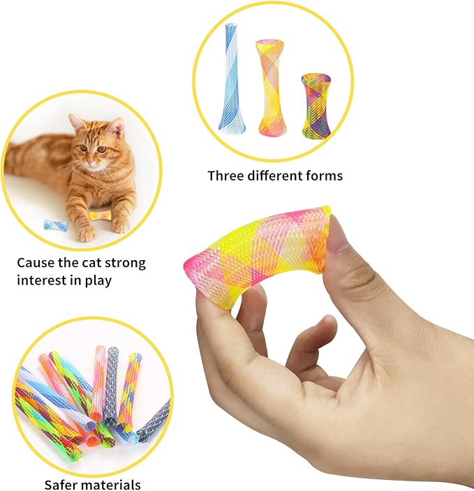 Andiker 10pcs Cat Tube Toy, 5.1inch Nylon Mesh Telescopic Folding Plastic Cat Spring Toy, Stylish Multi-Colored Cat Chew Toy, Interactive Cat Toys for Indoor Cats to Chase, Bite, and Pounce (10pcs)