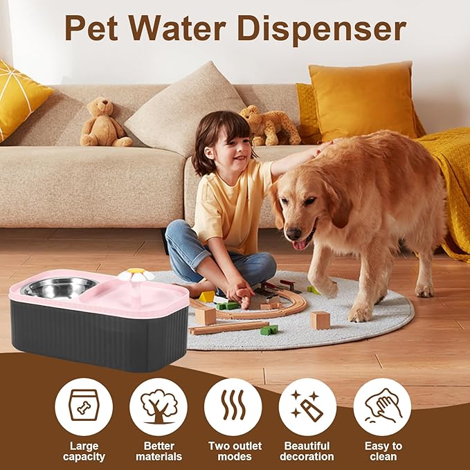 Cat Water Fountain and Food Bowl, 3L Ultra Quiet Pet Water Dispenser with Quadruple Filtration System,Cat Feeding & Watering Supplies, Automatic Flower Fountain & Stainless Steel Bowl for Cats (Pink)