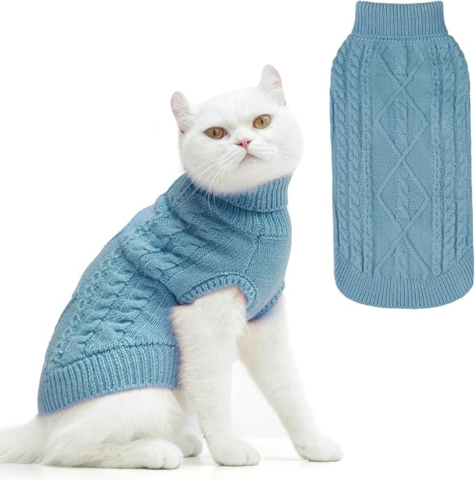 PUPTECK Winter Cat Sweater Coat - Soft Warm Cold Weather Clothes Knitwear for Kittens & Small Dogs Indoor Outdoor Wearing, Knitted Classic for Doggies Kitties Girls Boys, Sky Blue, S