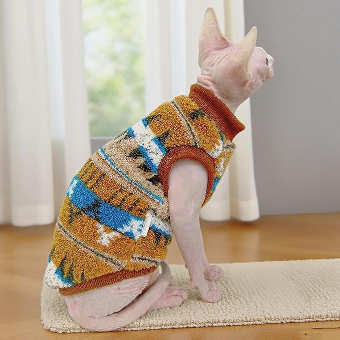 Sphynx Cat Winter Sweater, Warm Soft Fluffy Pet Clothes, for Hairless Cats, Cornish Rex, Devon Rex (Orange, L (5-7 lbs))