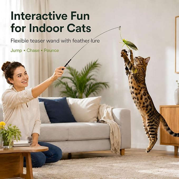 Cat Teaser Wand with 3 Grasshopper Tops, 16.5” Interactive Cat Fishing Pole Toy, Bug on String Toy for Indoor Kittens, Fun Exercise & Play