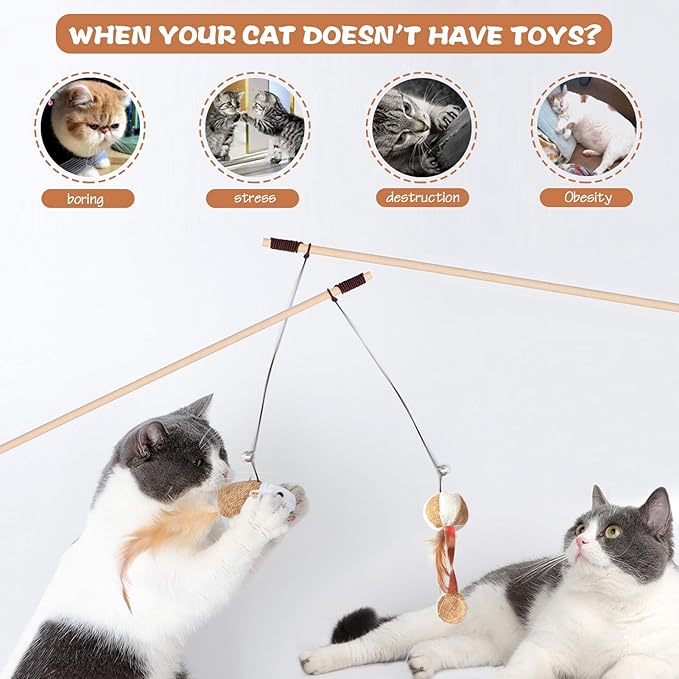 3-Piece Natural Wooden Cat Teaser Wand Toy Kit with 5 Silvervine Sticks and Elastic String Cat Pole Toy with Bell and Feather