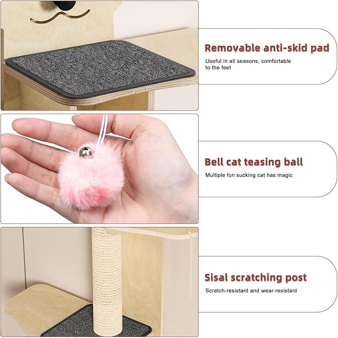 4-Levels Door Hanging Cat Climber Door Cat Tree, Door Hanging Cats Shelf Cats Ladder with Scratching Post Tease Cat Ball Easy to Install Space-Saving 16.54" x 9.06" x 66.93"