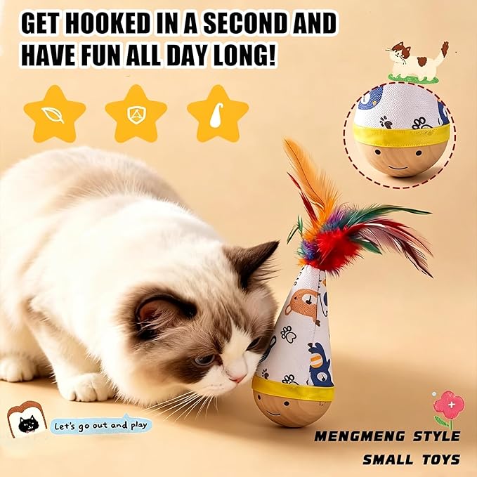 Wooden Interactive Cat Toy, 2 Pack Tumbler Wobble Toy for Indoor Cats and Small Dogs, Self-Righting with Colorful Feathers