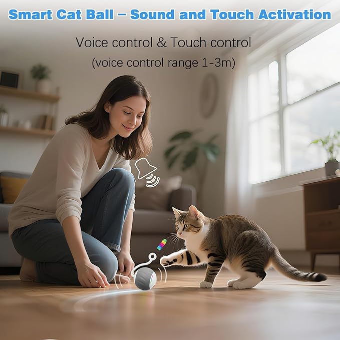 2.36 Inches Large Cat Toys Ball - Won’t Get Stuck, [Newly Upgraded] Sound & Motion-Activated, 2 Speed Fast/Slow Settings Automatic Interactive Cat Toy for Indoor Cats with 5 Tails Rechargeable - Gray