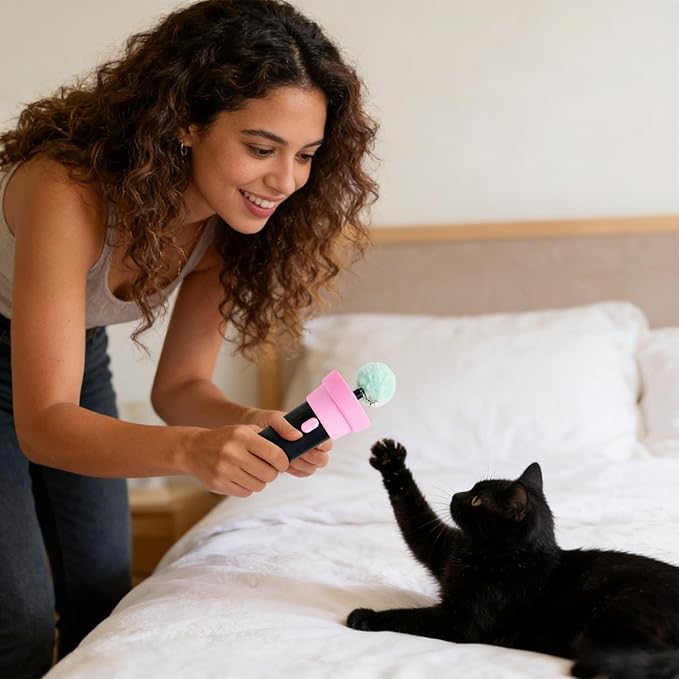 Electric Cat Wand Toy with Telescopic Rope, Cat Teaser Game Interactive Cats Toys Fuzzy Ball Launchers Funny Enrichment Toys for Bored Indoor Pets