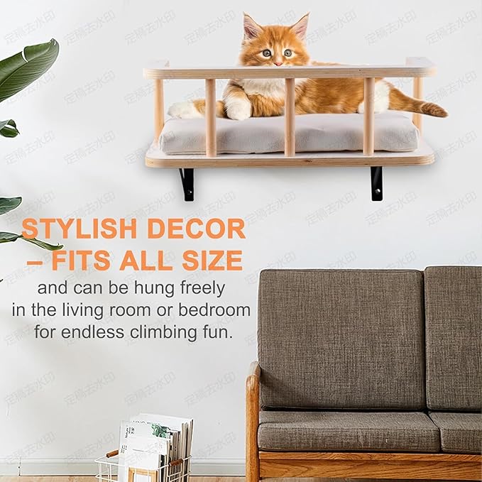 Large Cat Wall Shelves with 5 Steps - Heavy Duty Cat Wall Furniture, Climber, Shelves & Perches with Comfy Cushion & Guardrails, Space-Saving for Indoor Cats(Dark)