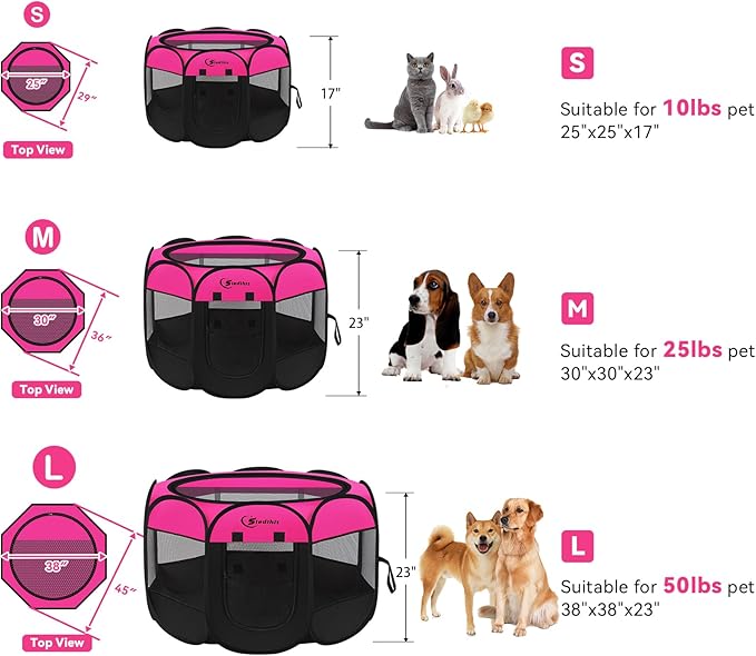 Siedihit Dog Playpen, Medium Puppy Pet Playpen, Dog Crate Tent Cage Indoor/Outdoor, Portable Pop Up Dogs Kennel Playpen with Carrying Case for Dogs/Cats/Rabbits, Hot Pink