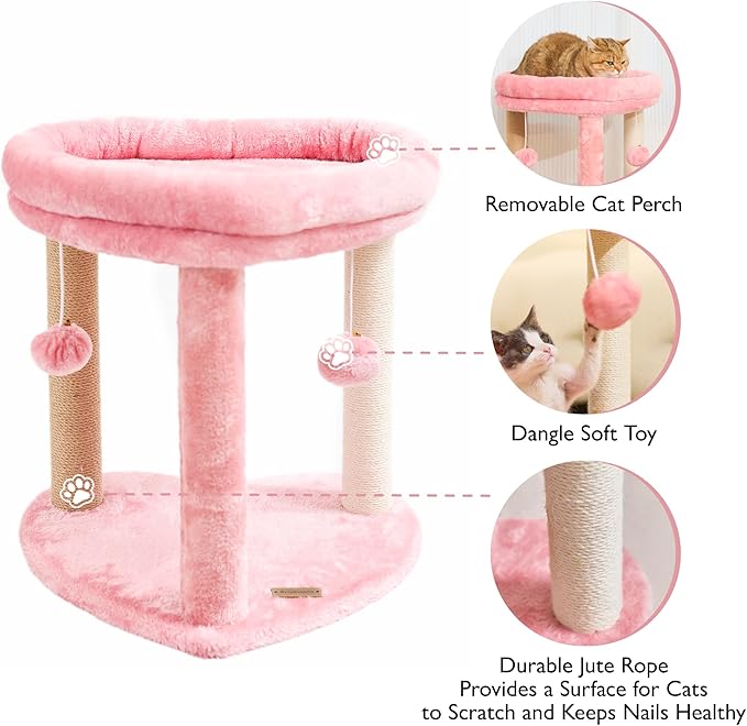 Cat Scratching Post Tree 3 in 1 Cat Tree Tower with Soft Bed, Heart Shape Scratch Posts with Two Hanging Ball Toys for Indoor Cats and Kittens Pink