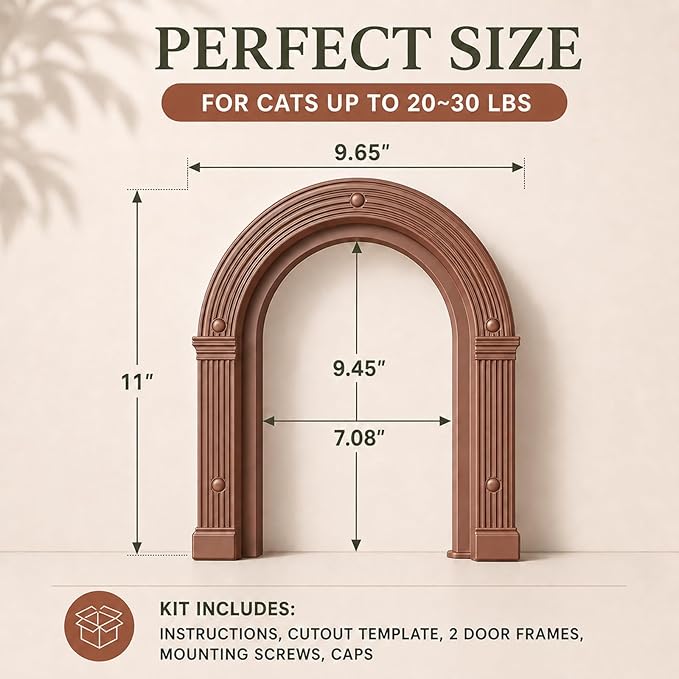 Cat Door for Interior Doors Large Cat Door - No-Flap, No Training Needed, Fits Cats Up to 25 lbs, Easy Installation, Installs in Minutes, Fits 1.25" to 1.75" Thick Solid & Hollow Doors Brown
