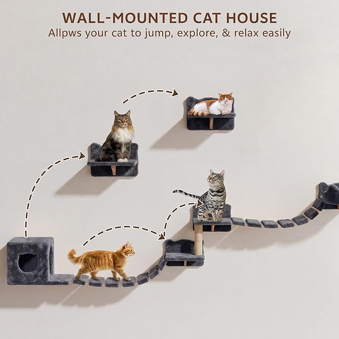 Cat Wall Shelves, Wall Mounted Cat Shelf Furniture with Plush Fabric (9 Piece Set), Cats Furniture with Condos, House, Steps, Bridge Ladder, Scratching Post, Grey