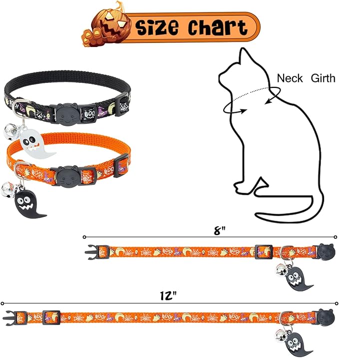 EXPAWLORER Halloween Cat Collar Breakaway - Glow in The Dark Holiday Pet Kitten Collar with Bell and Cute Ghost Pendant, Ideal Gift Adjustable Safety Collars for Cats, 2 Pack
