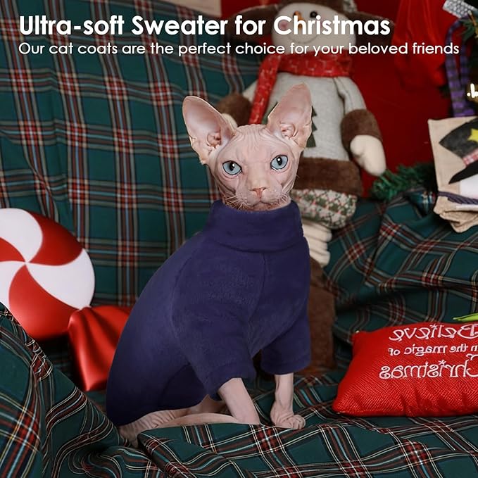 Turtleneck Sweater Coat for Cat, Sphynx Clothes Pajamas for Cats Only, Kitten Fleece Pullover Sweaters with Sleeves, Pet Warm Jumpsuit Sweatshirt for Cold Weather, Navy Blue XL