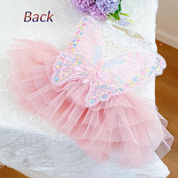 ANIAC Butterfly Dog Dress with Pink Tutu Funny Dog Clothes with Wing Girl Puppy Dress for Small Dogs Pet Butterfly Costume Holiday Cat Outfit for Halloween Birthday Wedding (Pink, Large)