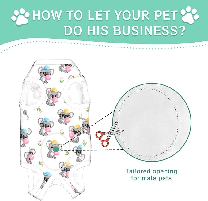 Recovery Suit for Dogs Cats After Surgery Bubble Gum Koala White Pet Recovery Shirt