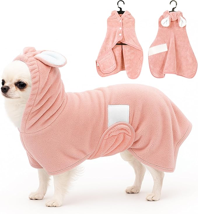 Pet Bathrobe Towel Dog Cat Drying Coat Super Absorbent Cute Dogs Bath Towel Hooded Robe Adjustable Collar & Belly Strap for XSmall to XLarge Pets (Coralpink, X-Small)