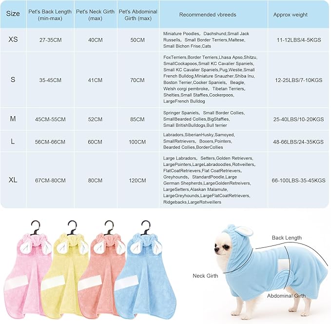 Pet Bathrobe Towel Dog Cat Drying Coat Super Absorbent Cute Dogs Bath Towel Hooded Robe Adjustable Collar & Belly Strap for XSmall to XLarge Pets (Blue, Small)