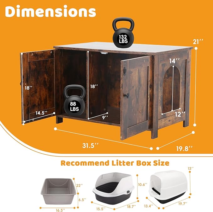 Cat Litter Box Enclosure Furniture, Wooden Cat Bathroom Furniture Storage Cabinet with Removable Divider, Fit Most Cats and Litter Box