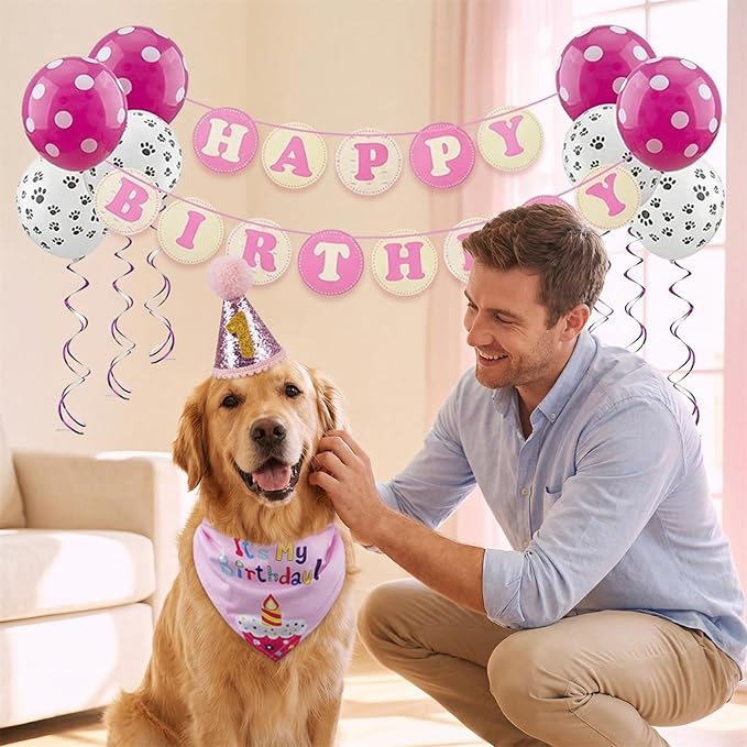 Dog Birthday Party Supplies with Bandana and Party Hat with Numbers, Happy Party Banner and Bollon for Small Middle Dogs Pink Birthday Girl Boy Scarf (Pink)